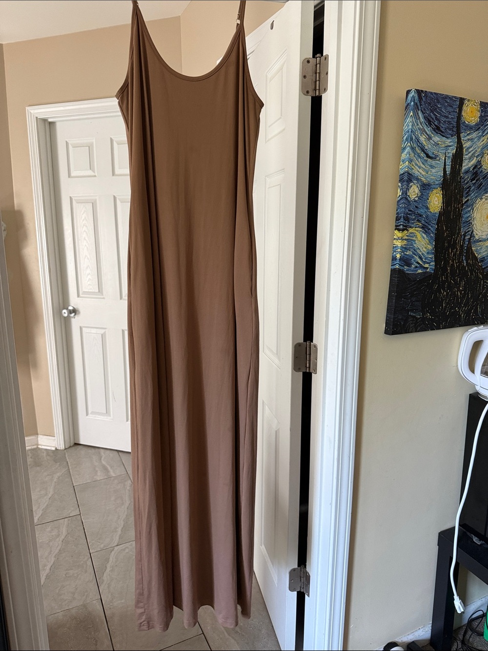 Slim-Strap Brown Maxi Slip Dress